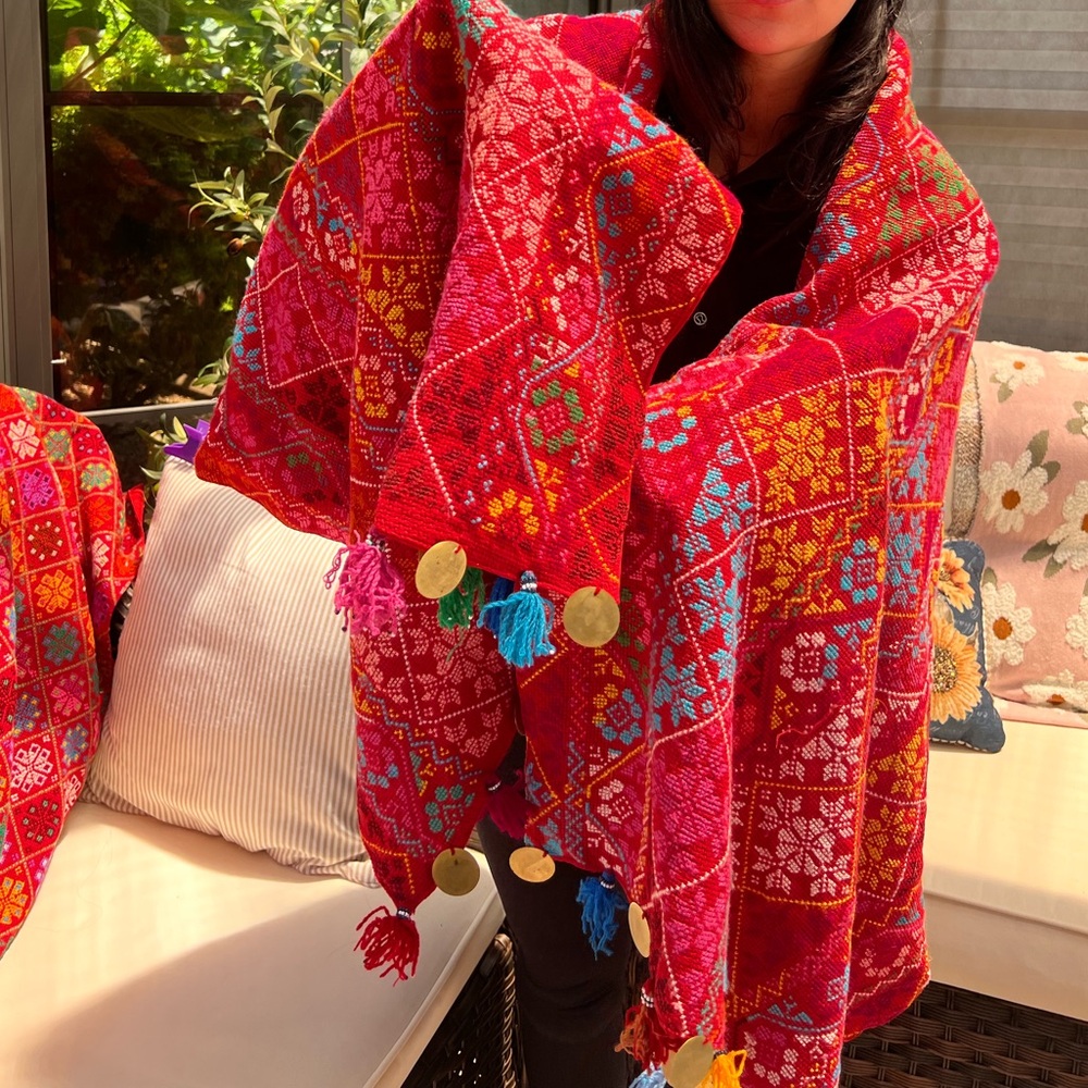 Vibrant Multicolor Patterned Shawl With Tassels - image 2